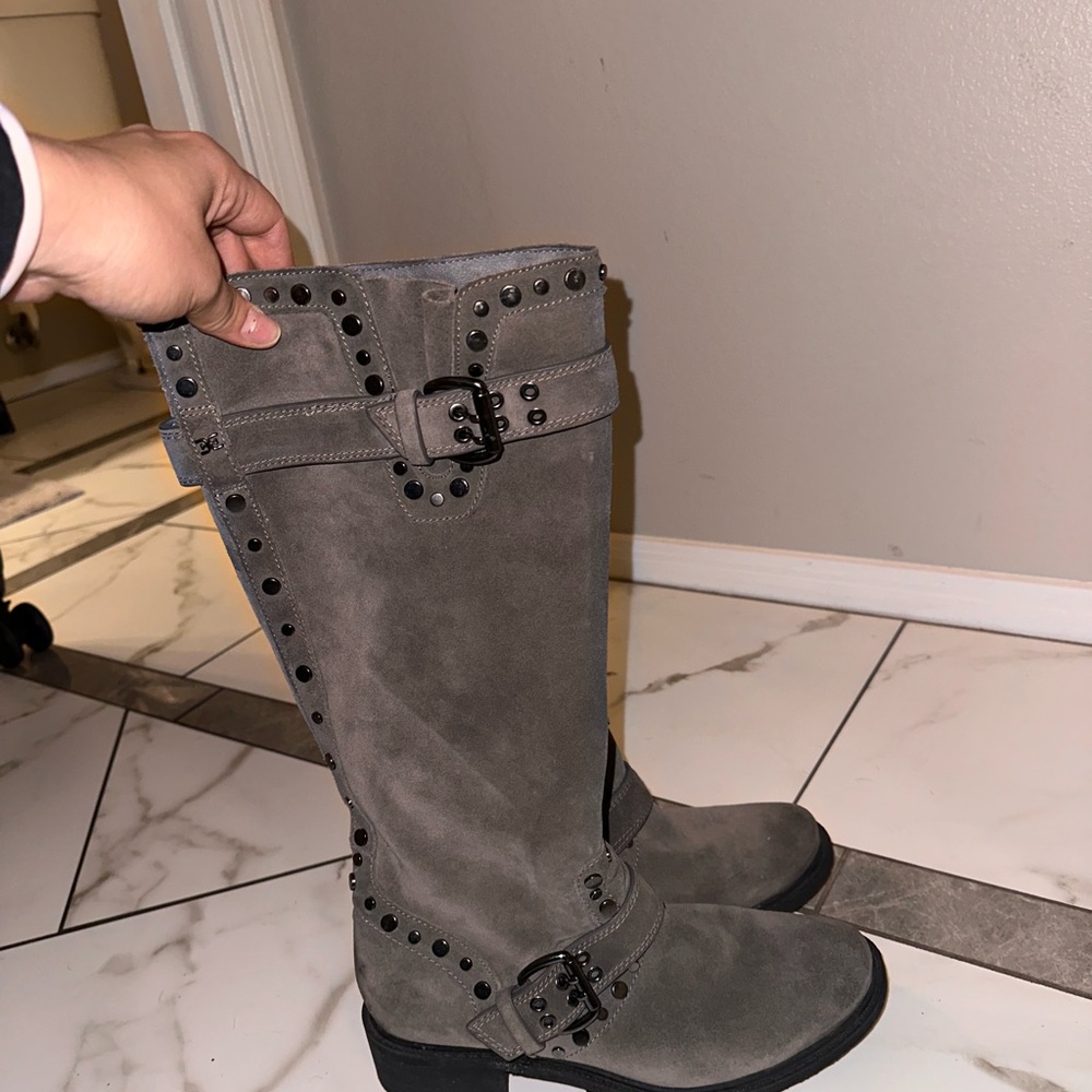 Gray suede knee high boots